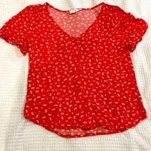 Button down, red flower design shirt. Size XS
